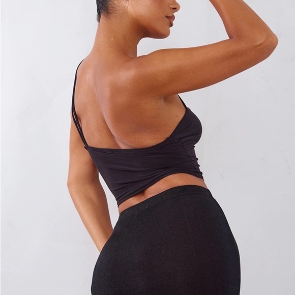 PrettyLittleThing Black Slinky Asymmetrical Crop Top Nwt Size 12 - Picture 2 of 5